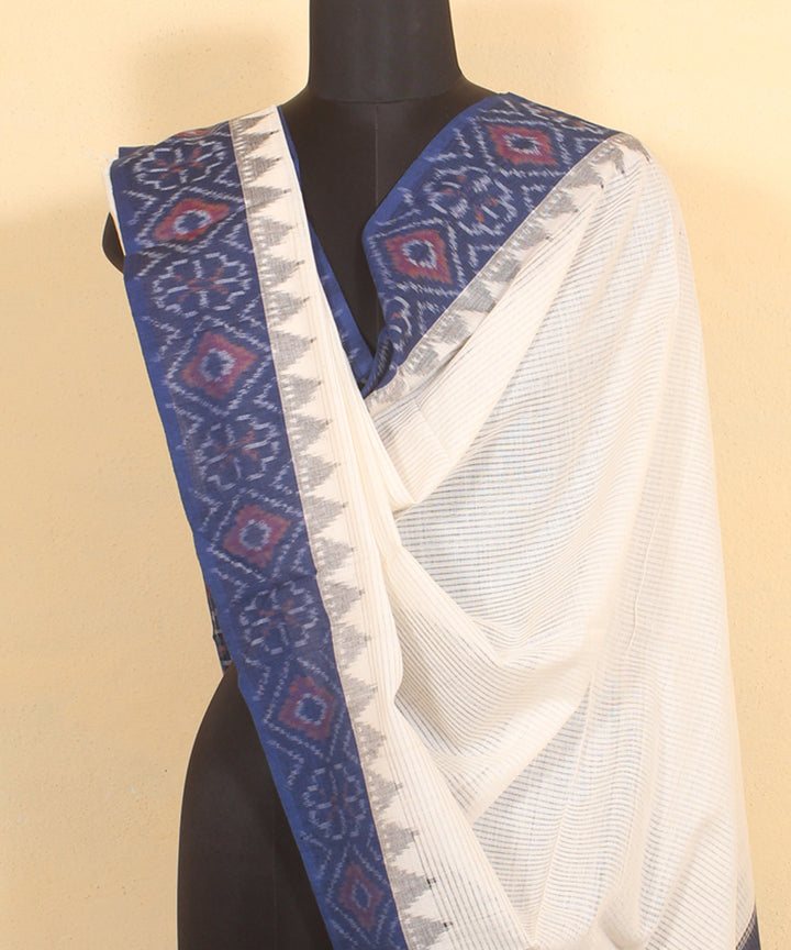 White blue handwoven cotton pochampally ikat dupatta