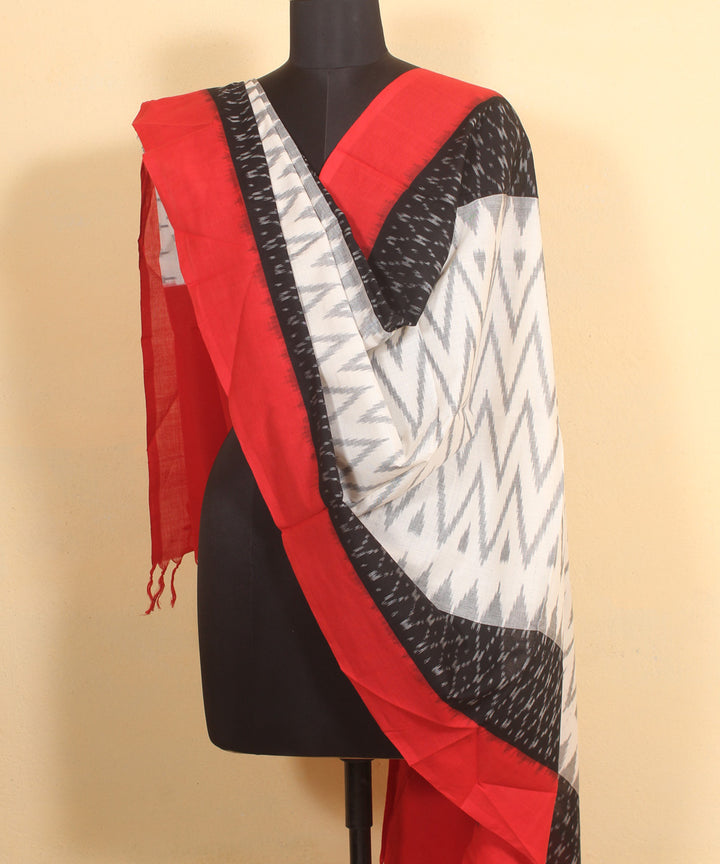 White black red handwoven cotton pochampally ikat dupatta