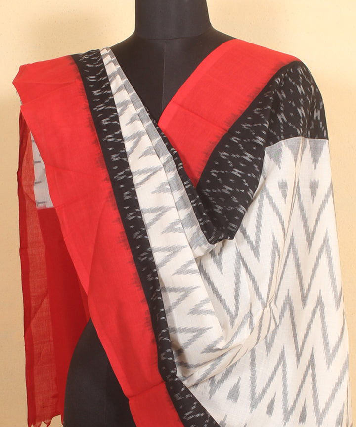 White black red handwoven cotton pochampally ikat dupatta
