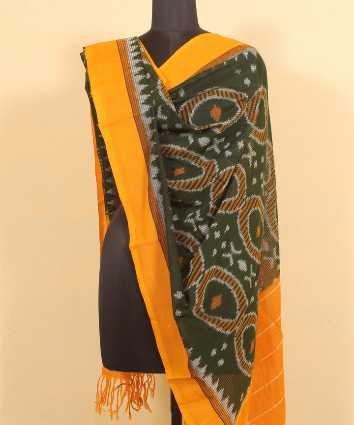 Dark green yellow handwoven cotton pochampally ikat dupatta