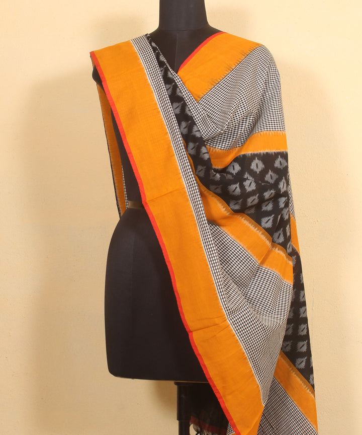 Grey yellow black handwoven cotton pochampally ikat dupatta