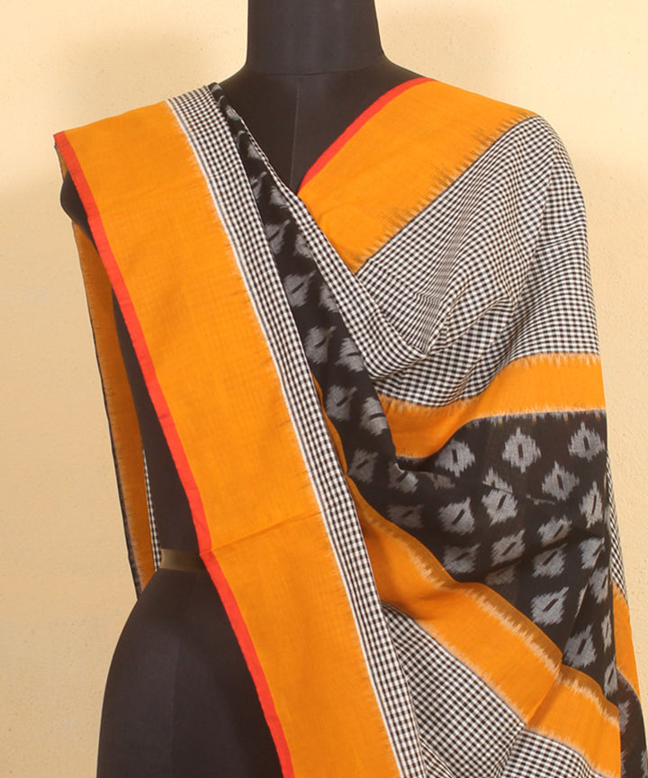 Grey yellow black handwoven cotton pochampally ikat dupatta