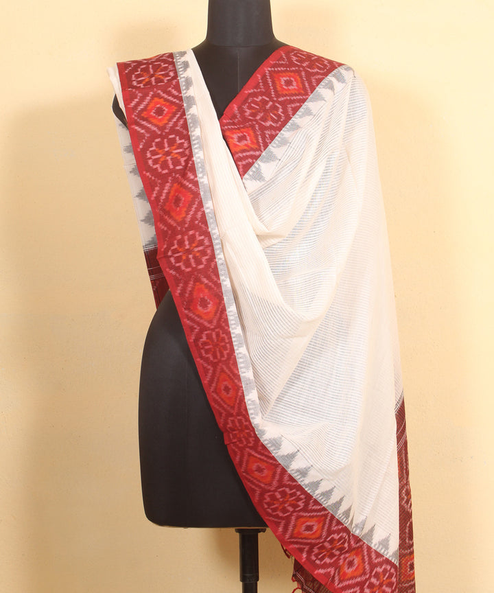 Maroon off white handwoven cotton pochampally ikat dupatta