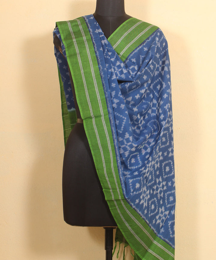 Navy blue green handwoven cotton pochampally ikat dupatta