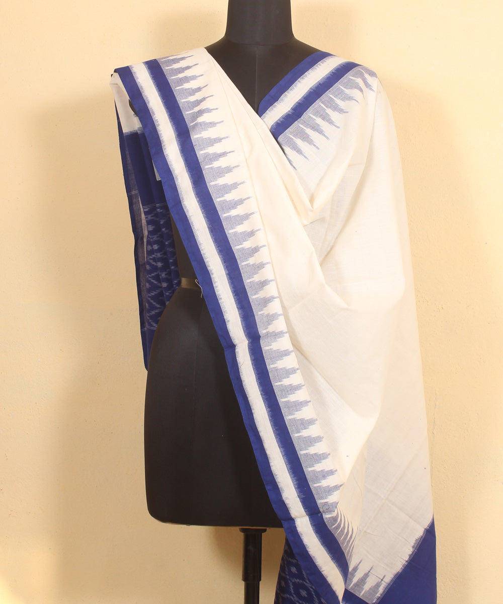 White navy blue handwoven cotton pochampally ikat dupatta