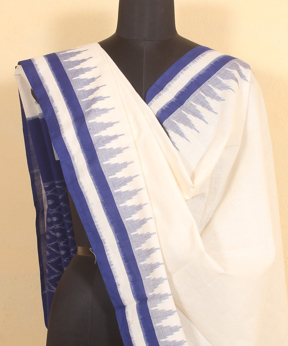 White navy blue handwoven cotton pochampally ikat dupatta