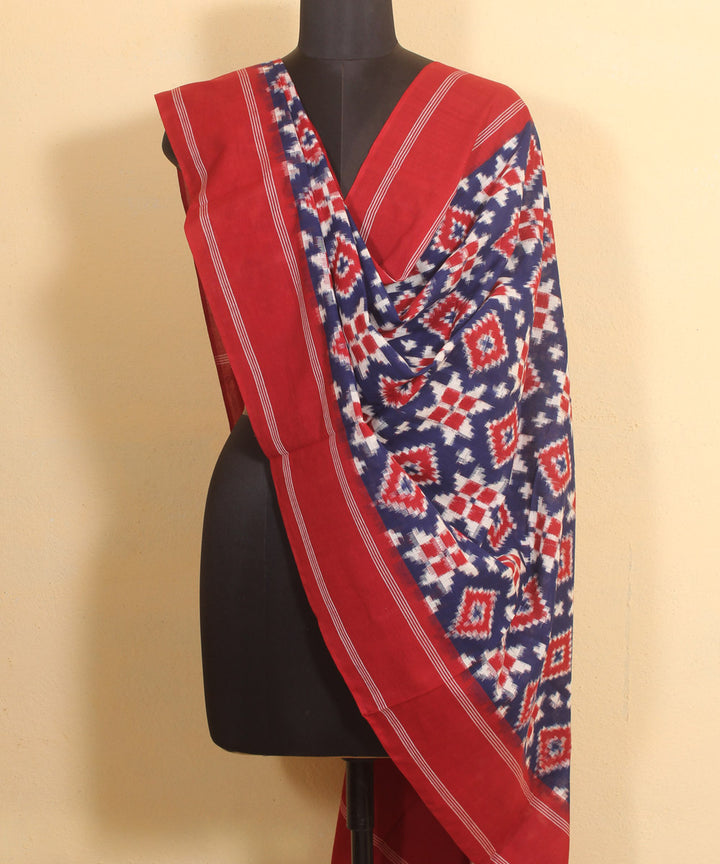 Navy blue red handwoven cotton pochampally double ikat dupatta
