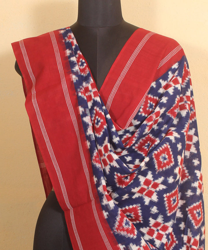 Navy blue red handwoven cotton pochampally double ikat dupatta