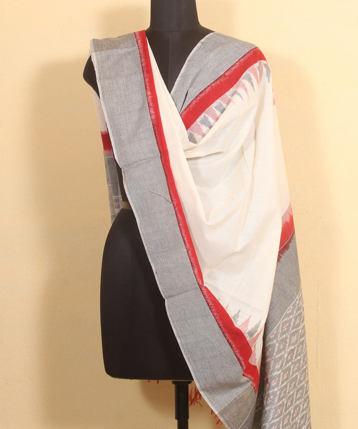 White grey handwoven cotton pochampally ikat dupatta