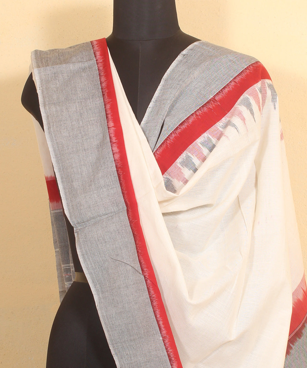 White grey handwoven cotton pochampally ikat dupatta