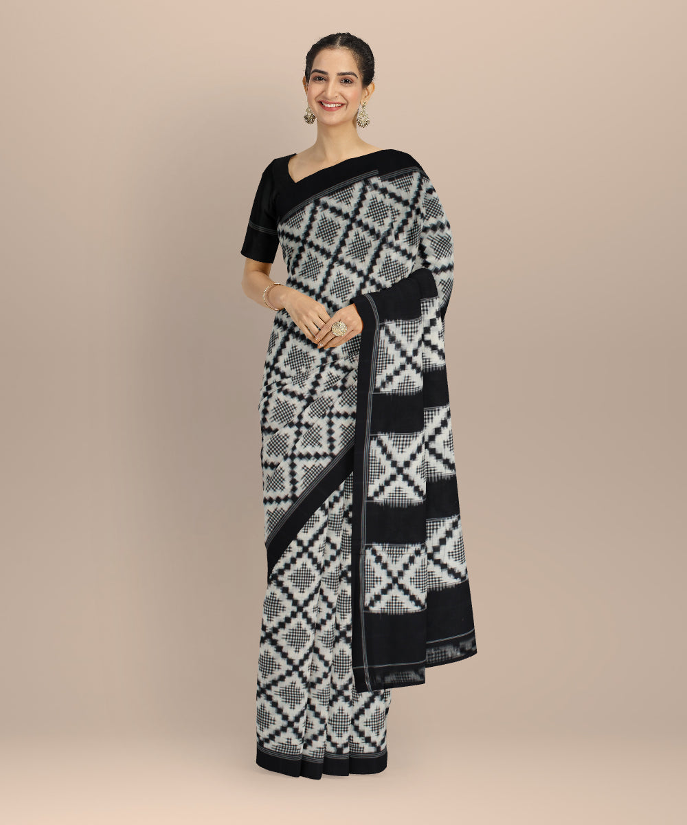 Black white teliarumal handloom pochampally ikat cotton saree