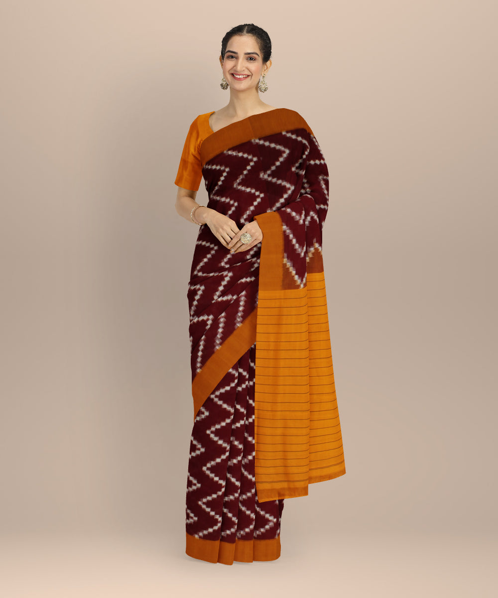 Maroon yellow teliarumal cotton handloom pochampally ikat saree