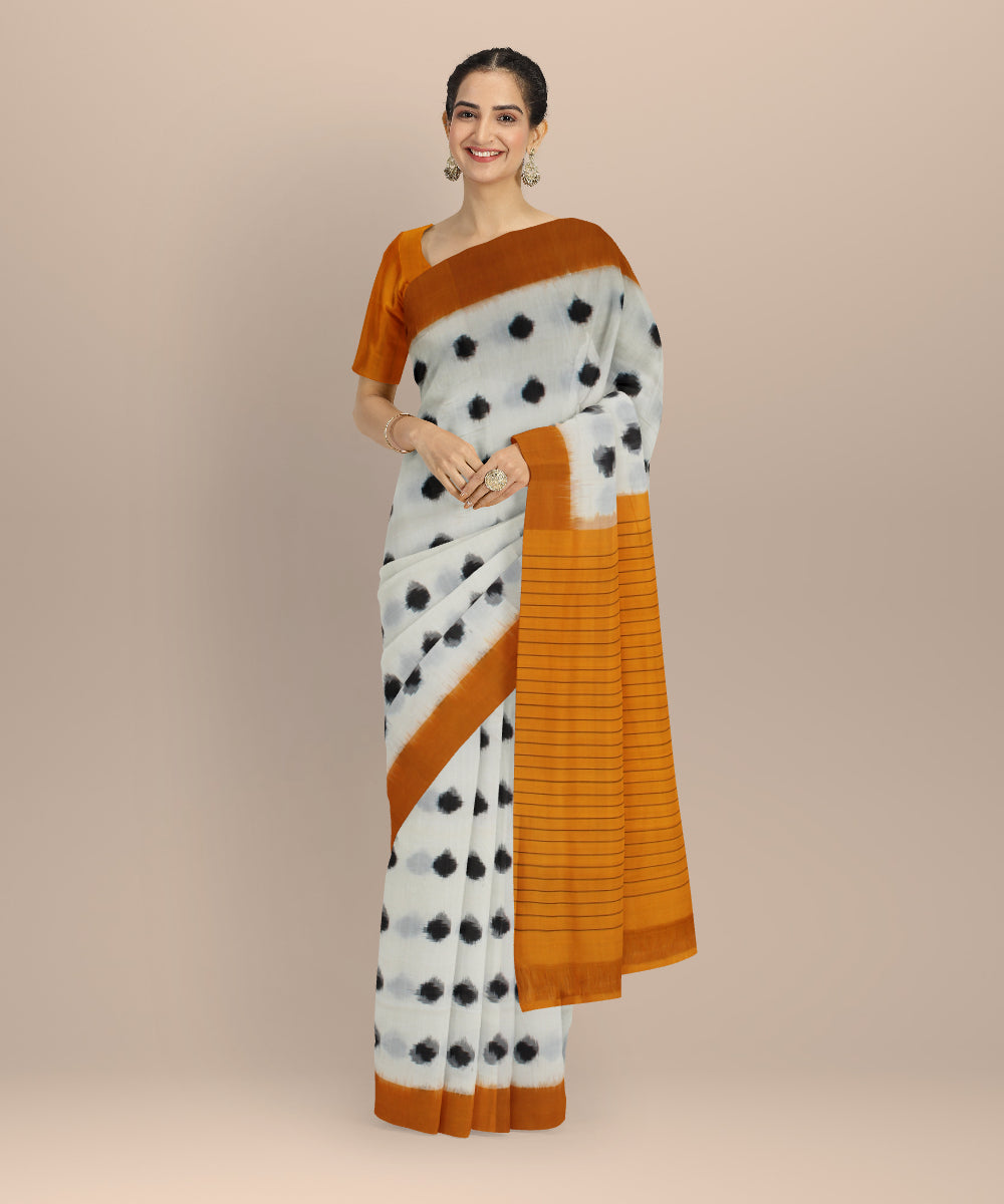 White yellow teliarumal cotton handloom pochampally ikat saree