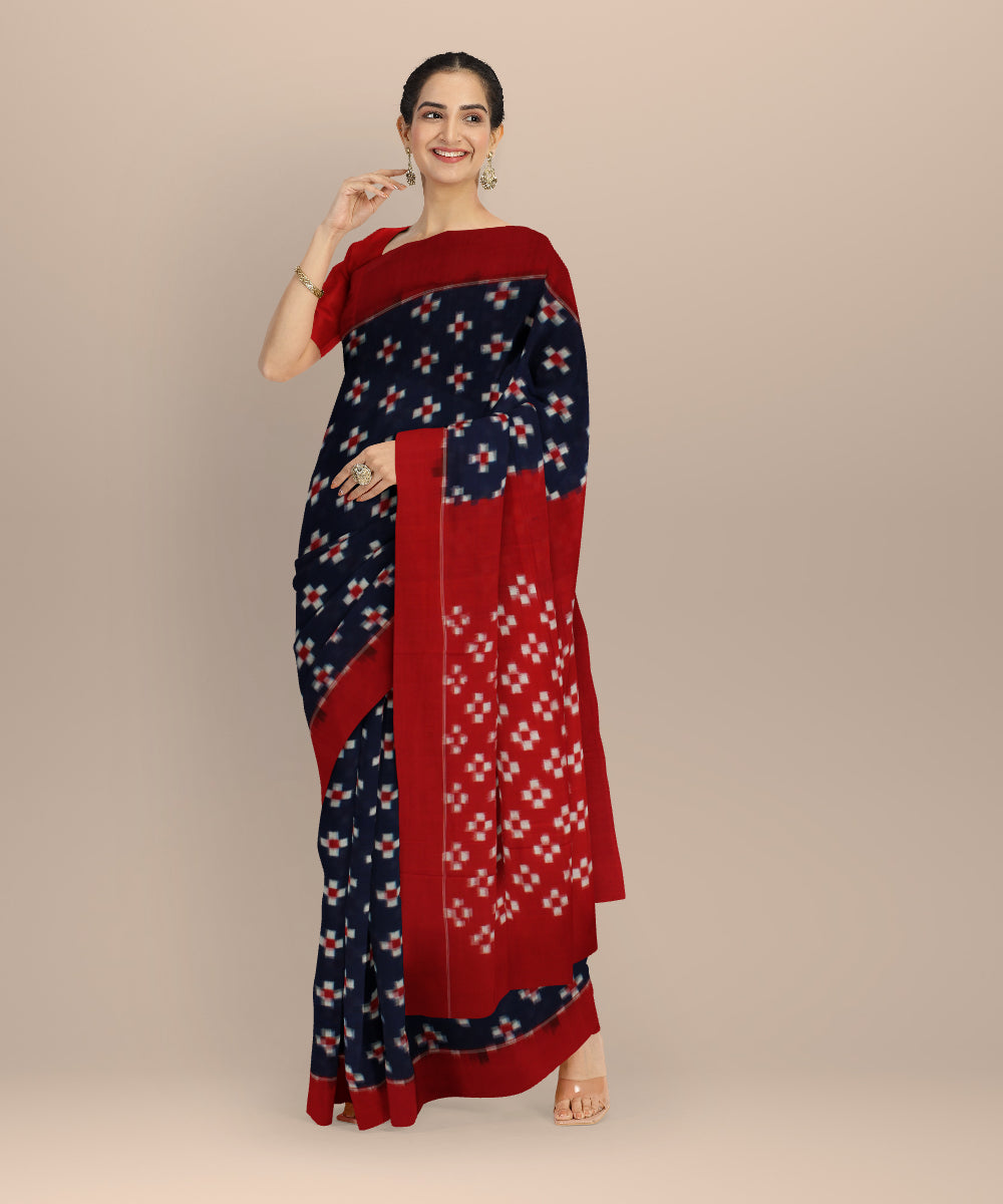 Navy blue red handloom teliarumal cotton pochampally ikat saree