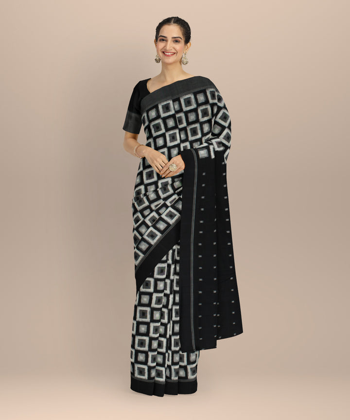 Black white teliarumal cotton handloom pochampally ikat saree