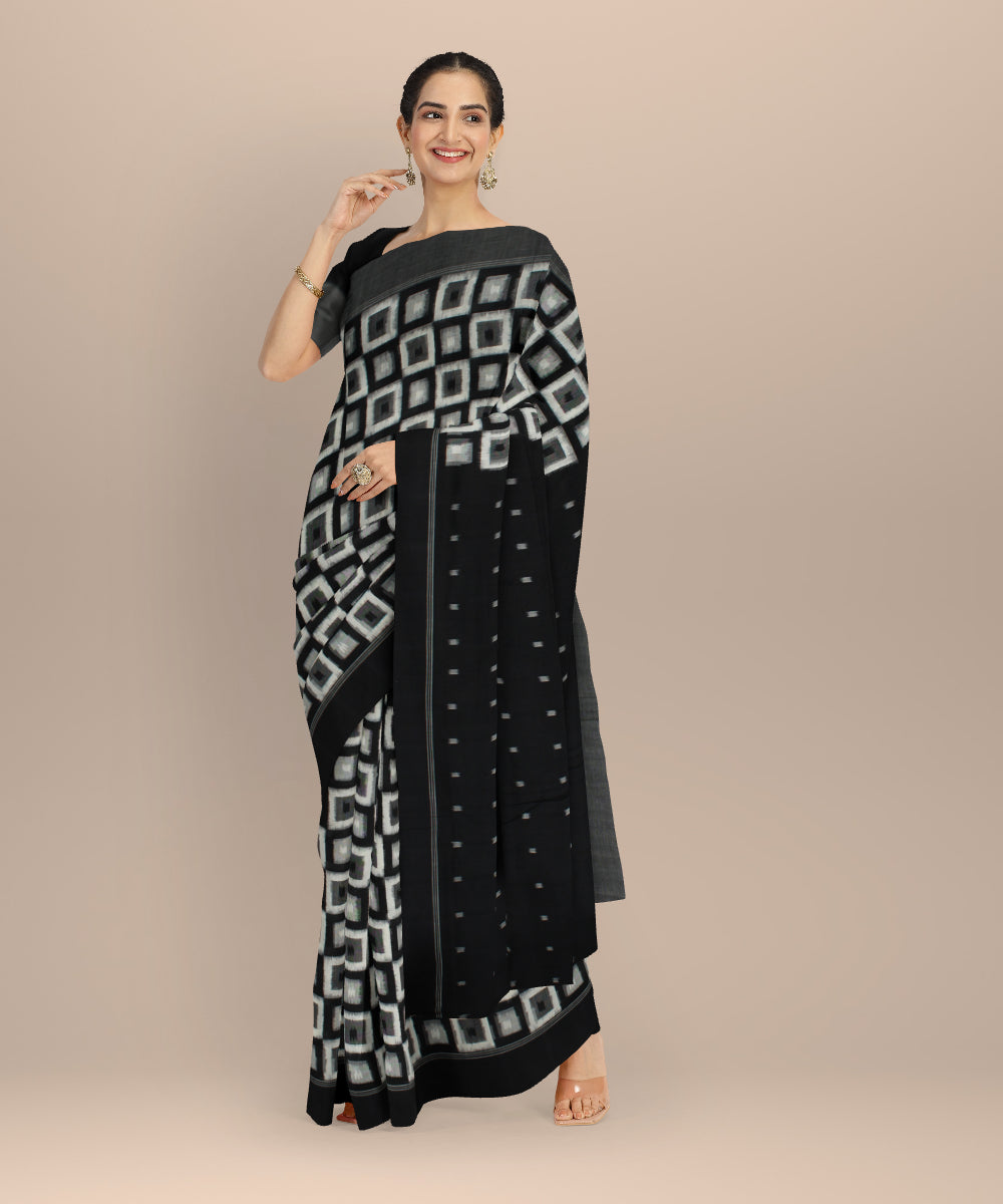 Black white teliarumal cotton handloom pochampally ikat saree