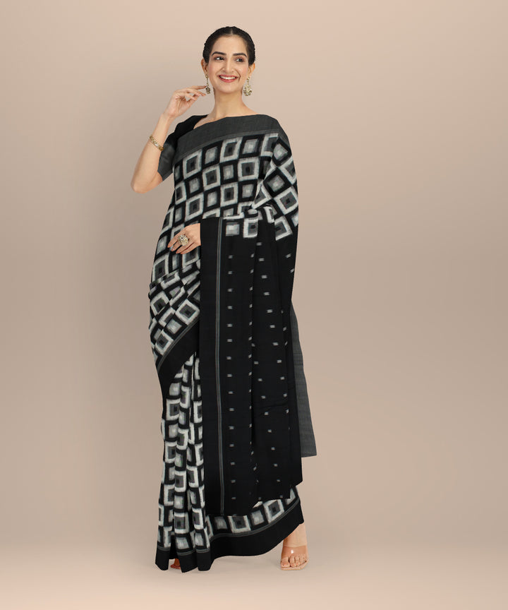 Black white teliarumal cotton handloom pochampally ikat saree