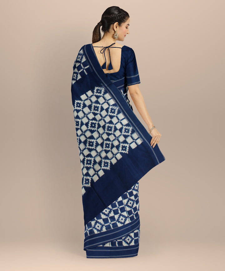 Navy blue white teliarumal cotton handloom pochampally ikat saree