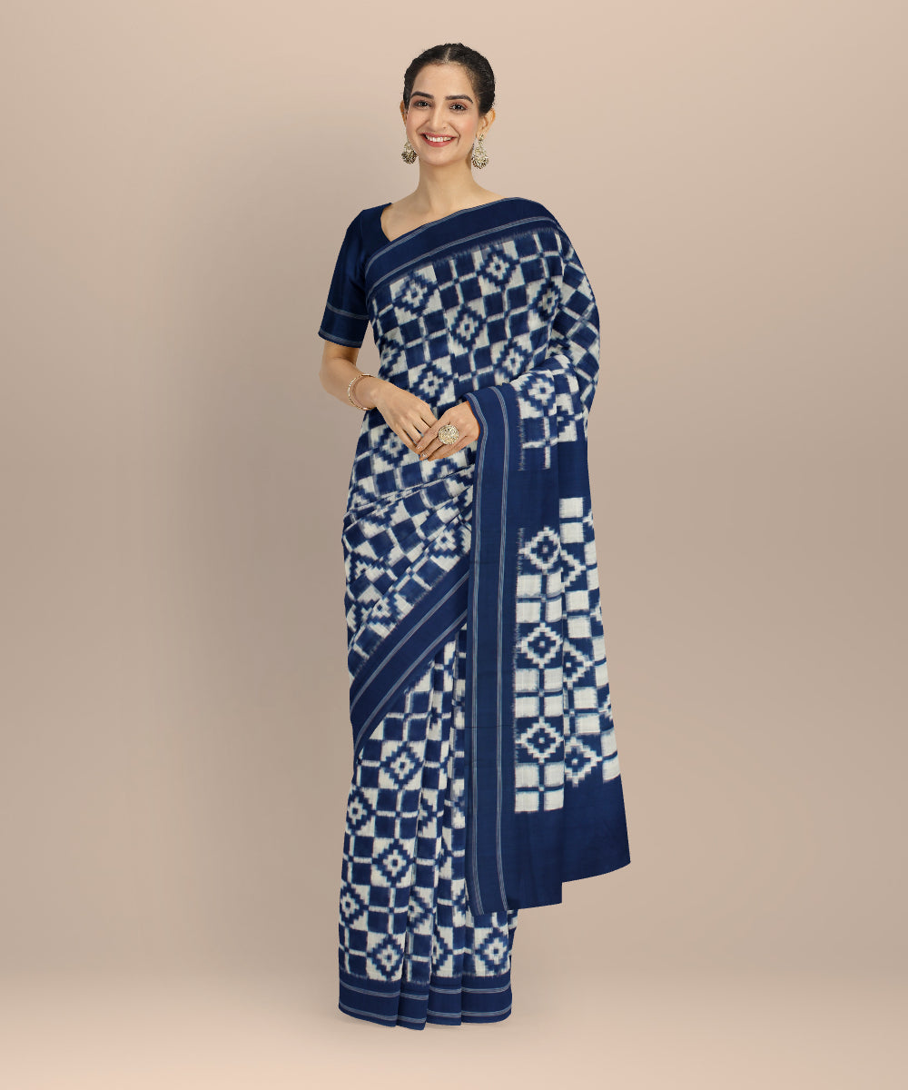 Navy blue white teliarumal cotton handloom pochampally ikat saree
