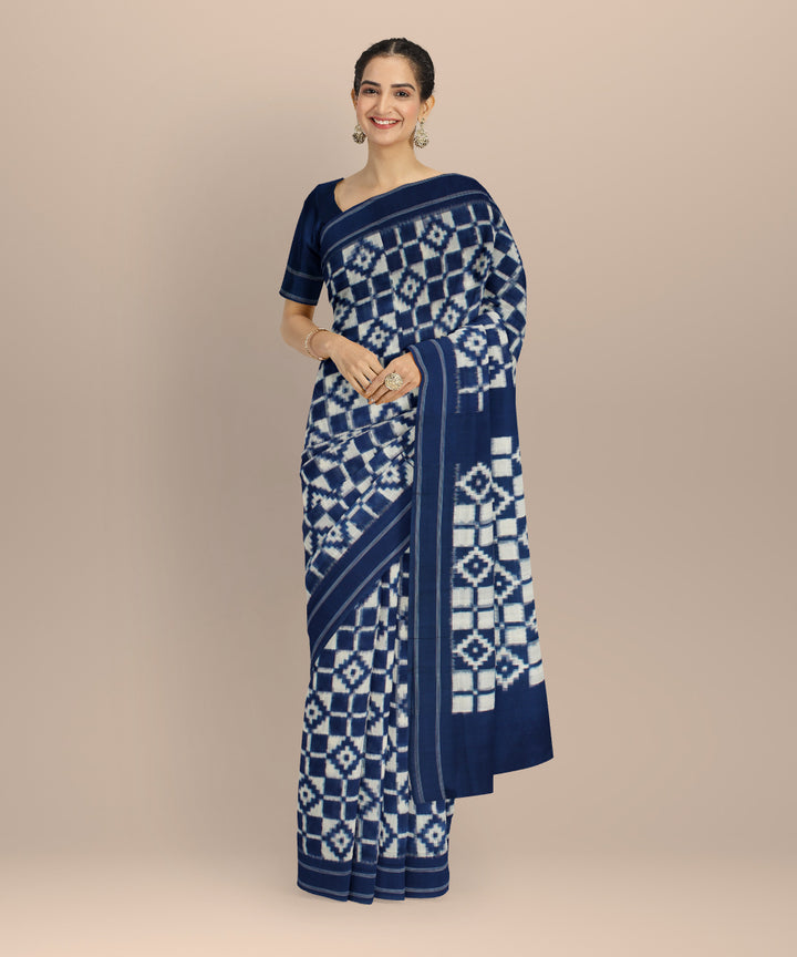 Navy blue white teliarumal cotton handloom pochampally ikat saree