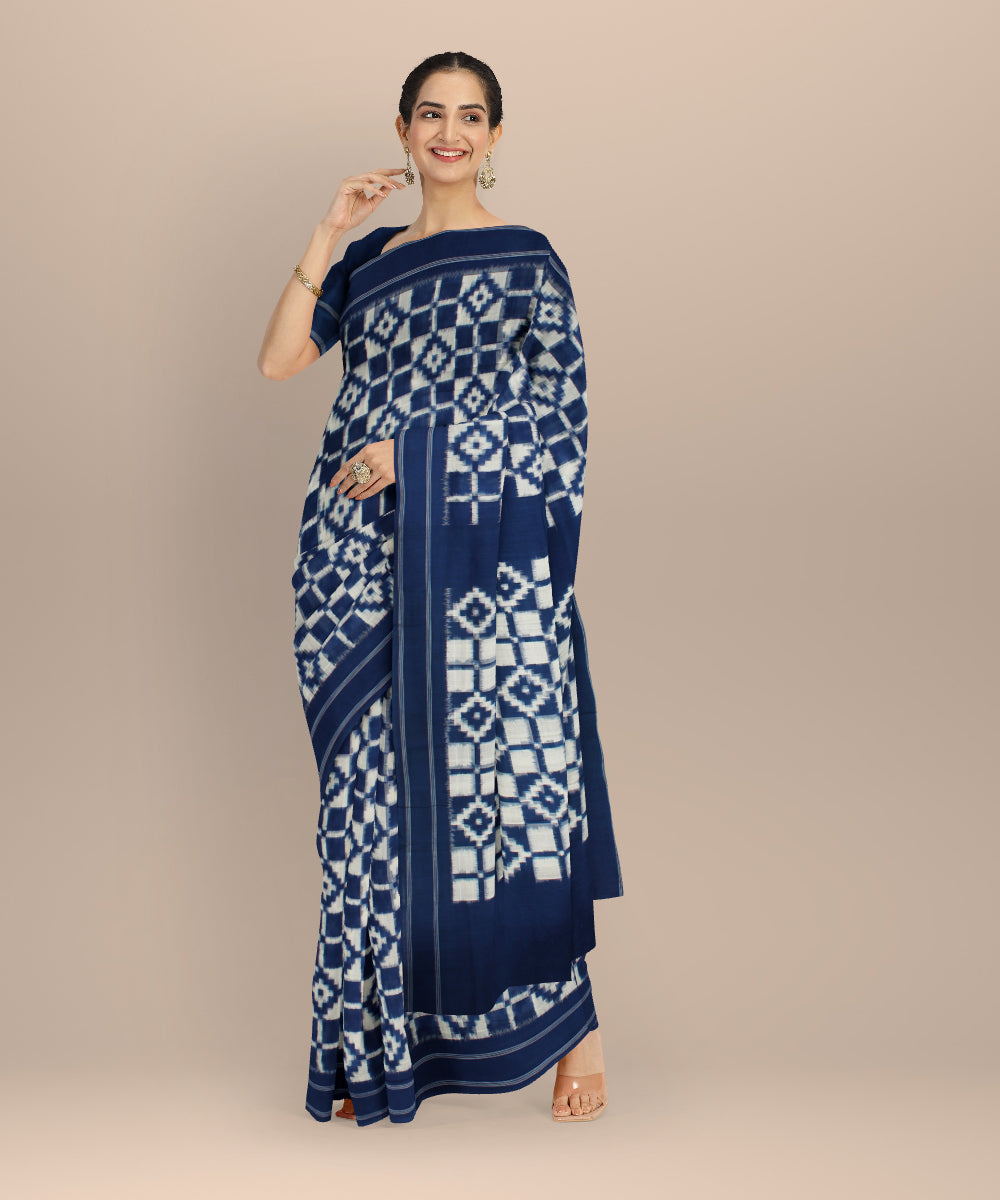 Navy blue white teliarumal cotton handloom pochampally ikat saree