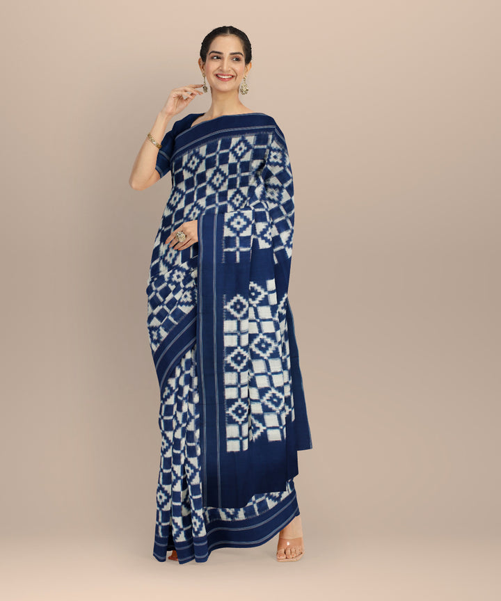 Navy blue white teliarumal cotton handloom pochampally ikat saree