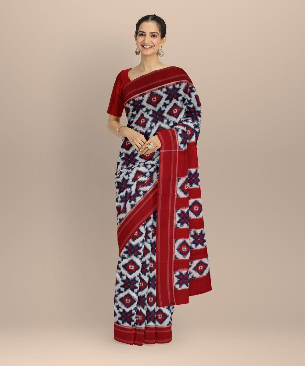 White maroon teliarumal cotton handloom pochampally ikat saree