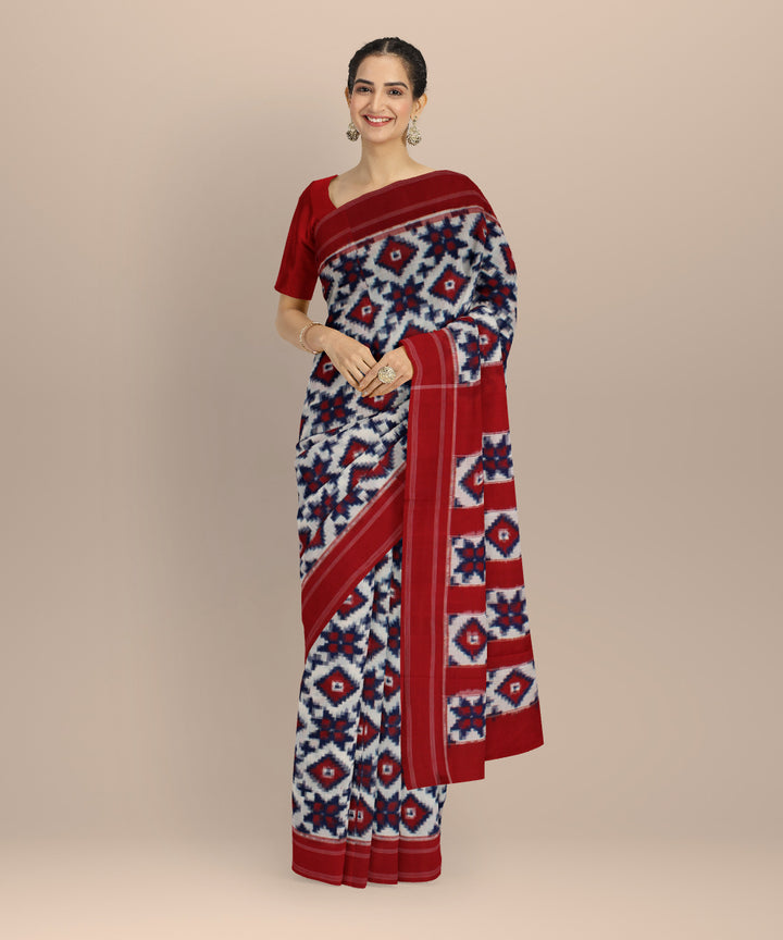 White maroon teliarumal cotton handloom pochampally ikat saree