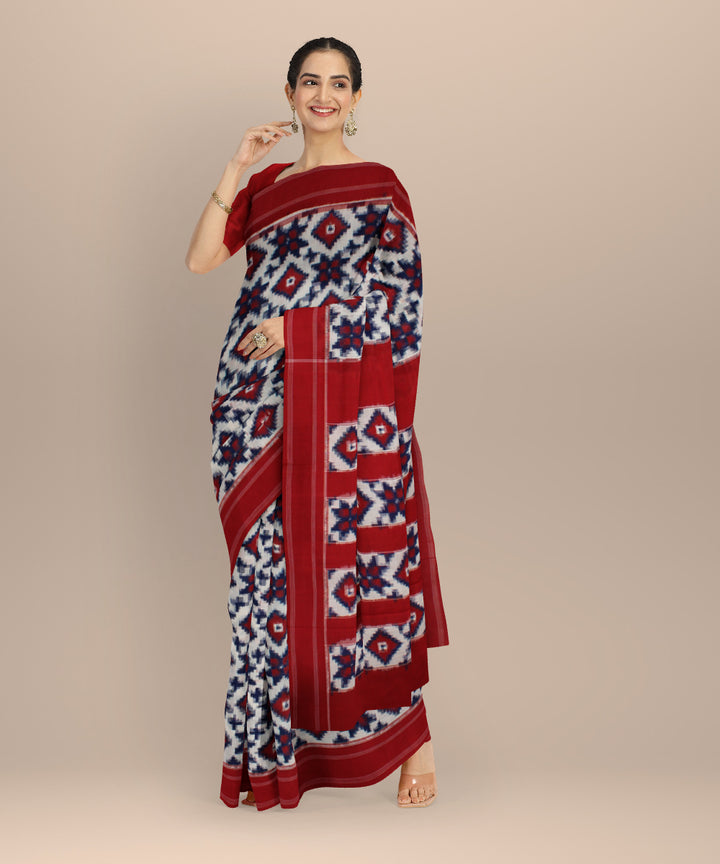 White maroon teliarumal cotton handloom pochampally ikat saree