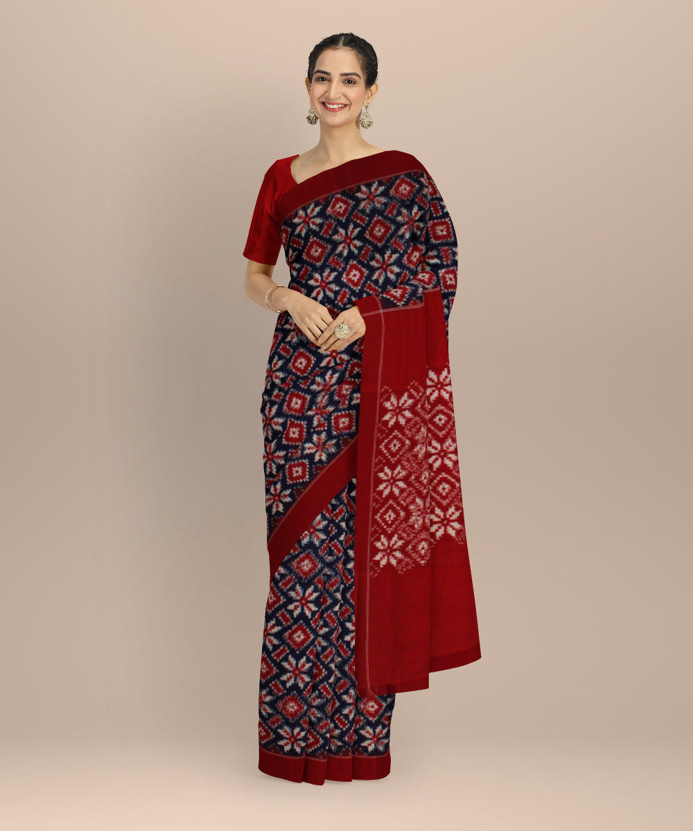 Navy blue red teliarumal handloom cotton pochampally ikat saree