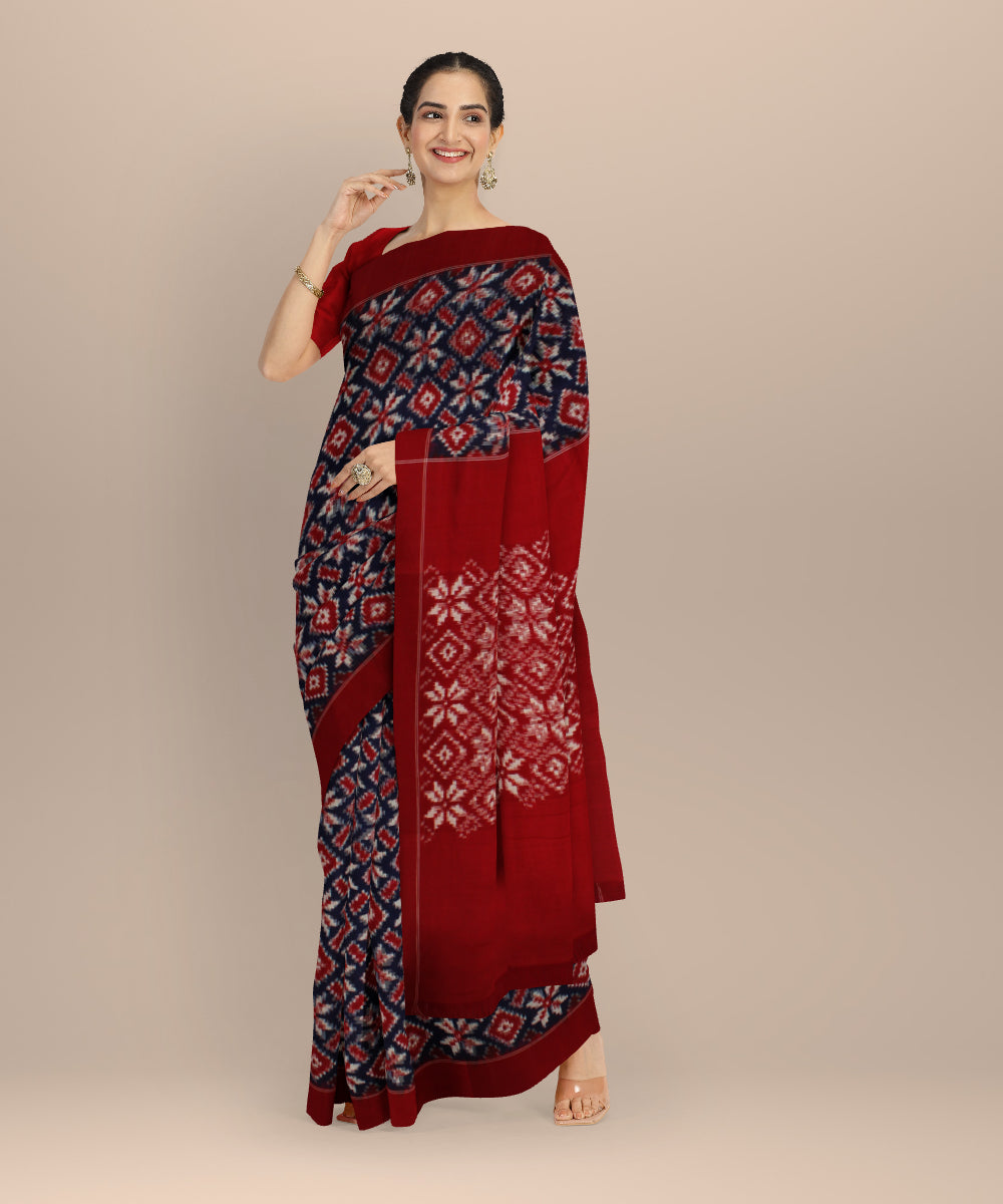 Navy blue red teliarumal handloom cotton pochampally ikat saree