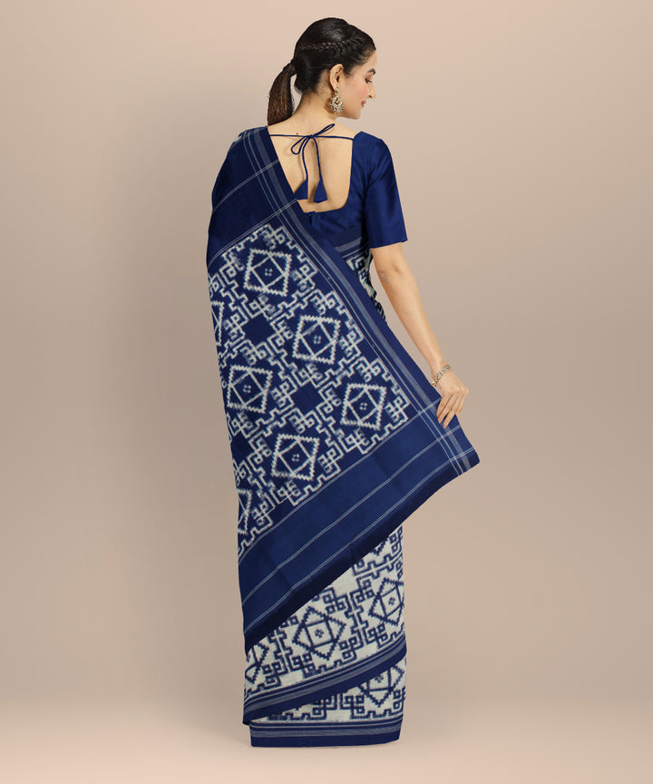 White navy blue teliarumal cotton handloom pochampally ikat saree