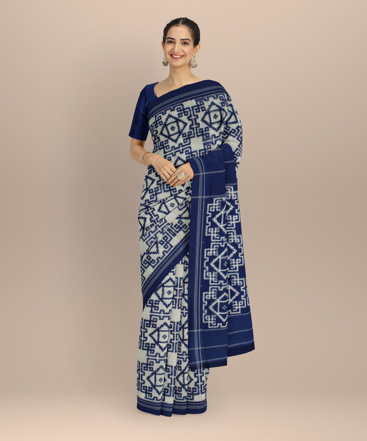 White navy blue teliarumal cotton handloom pochampally ikat saree