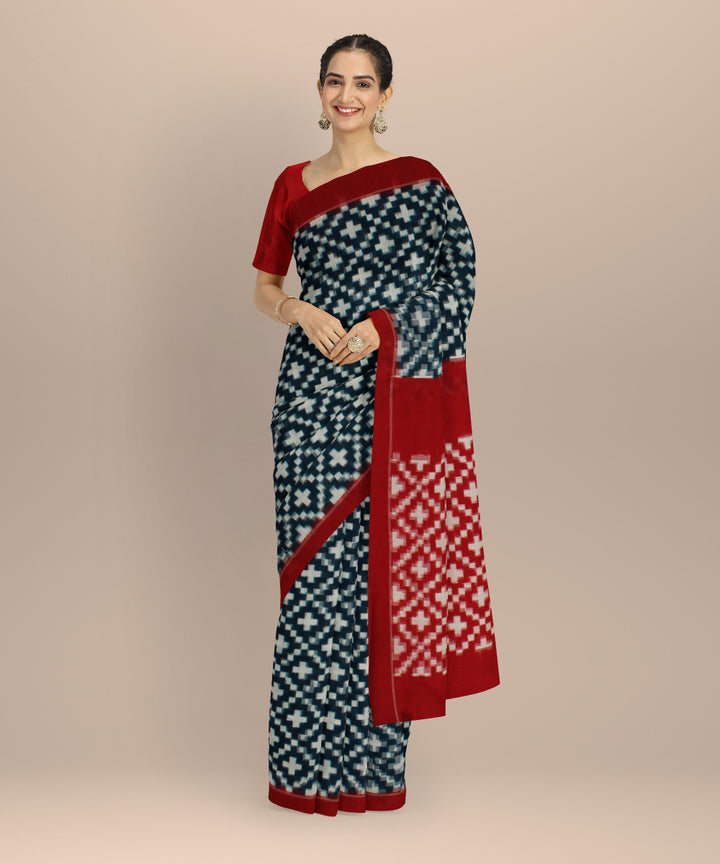 Navy blue red teliarumal cotton handloom pochampally ikat saree