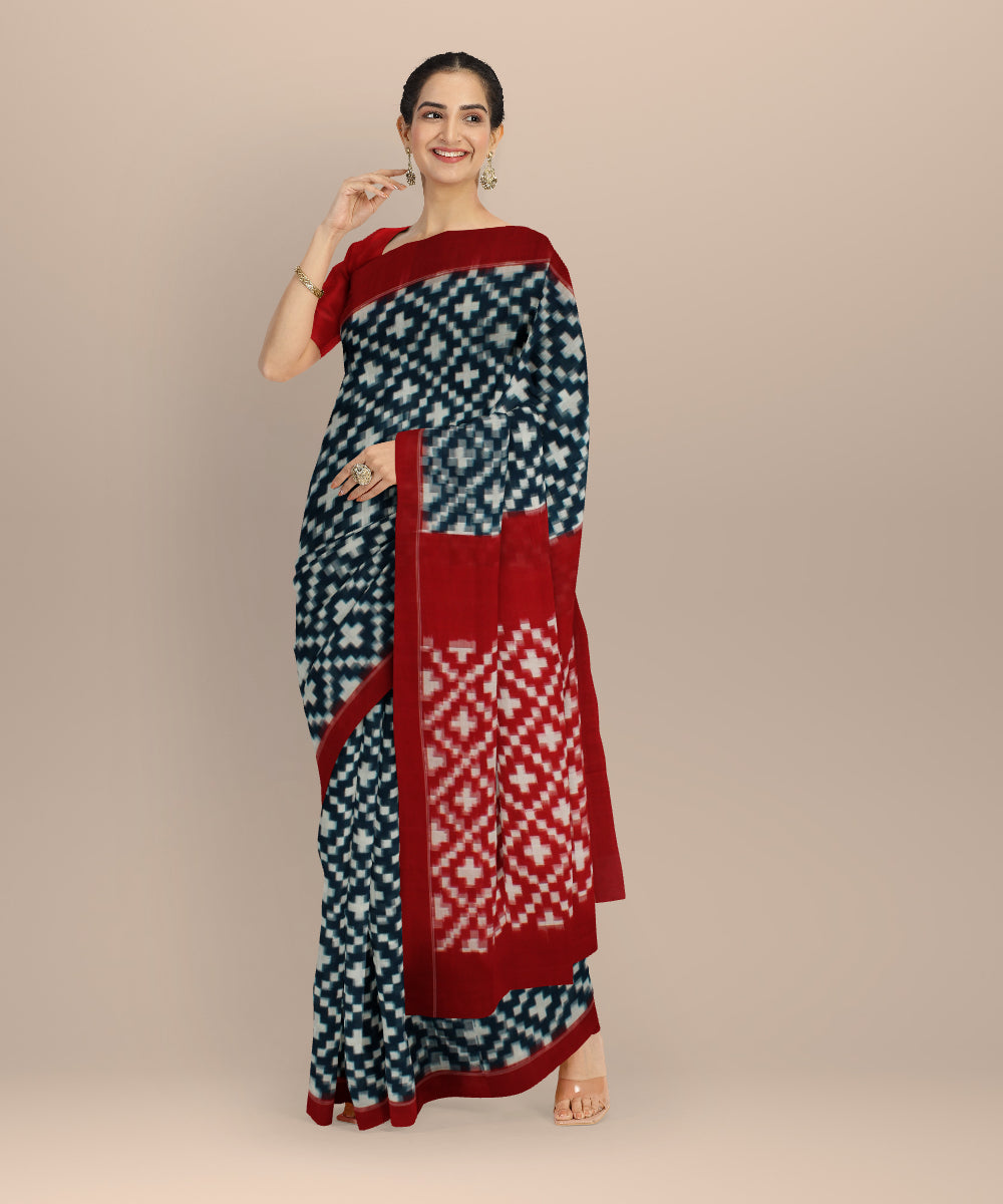 Navy blue red teliarumal cotton handloom pochampally ikat saree