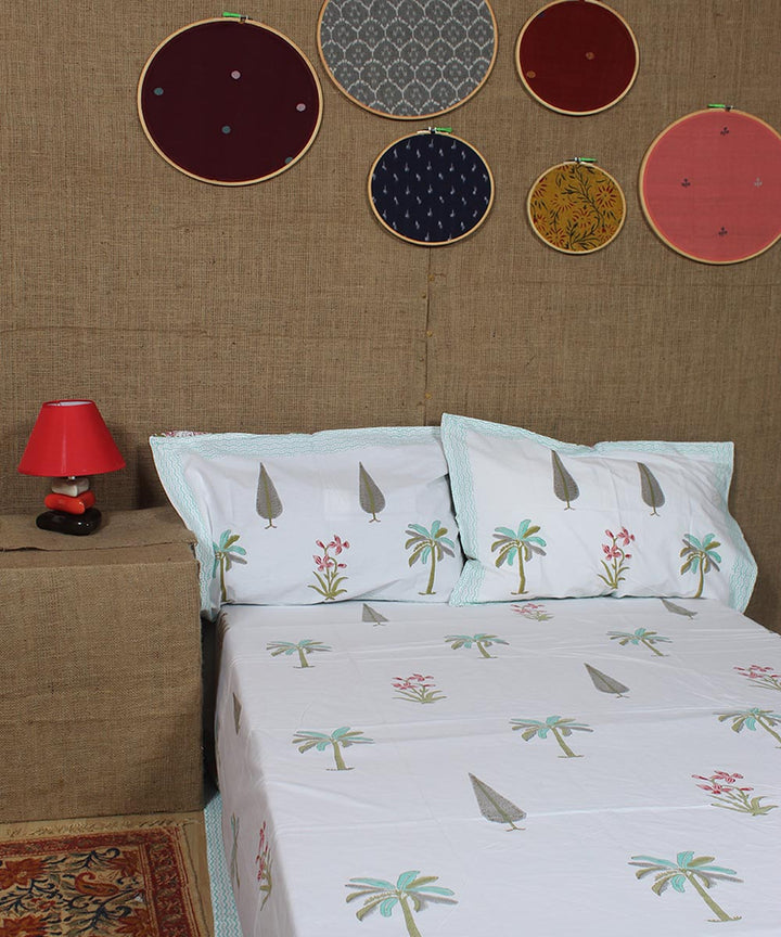 White pink blue hand printed sanganeri cotton double bedsheet