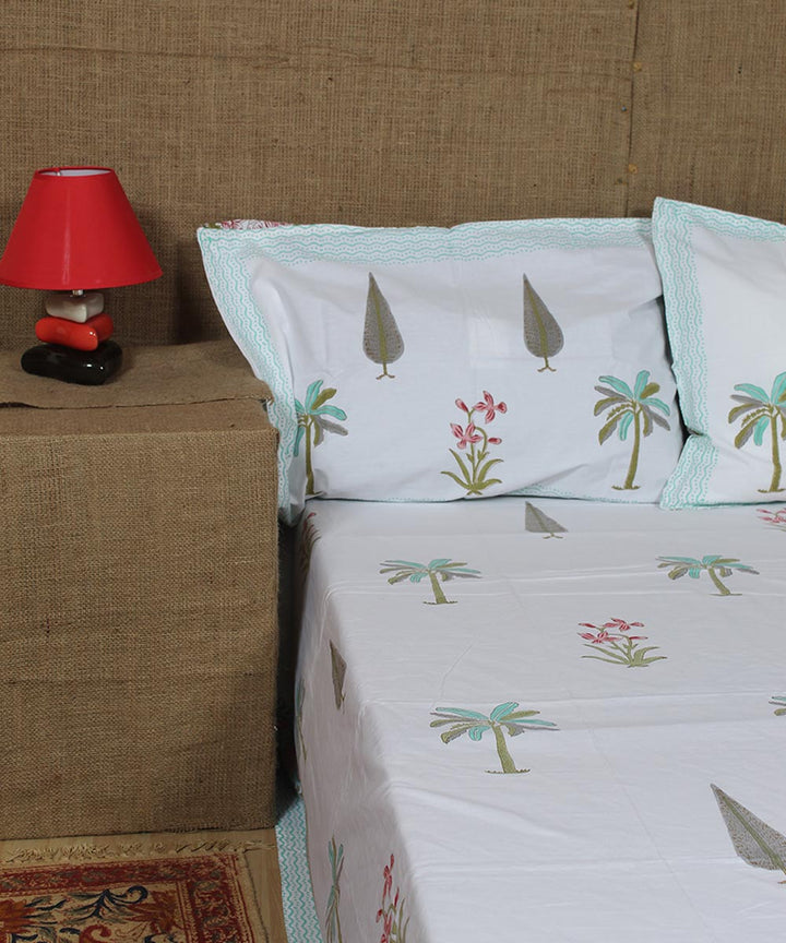 White pink blue hand printed sanganeri cotton double bedsheet