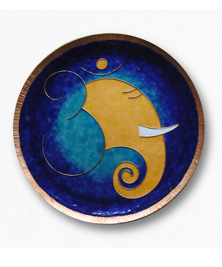 Navy blue yellow handcrafted copper wall plate