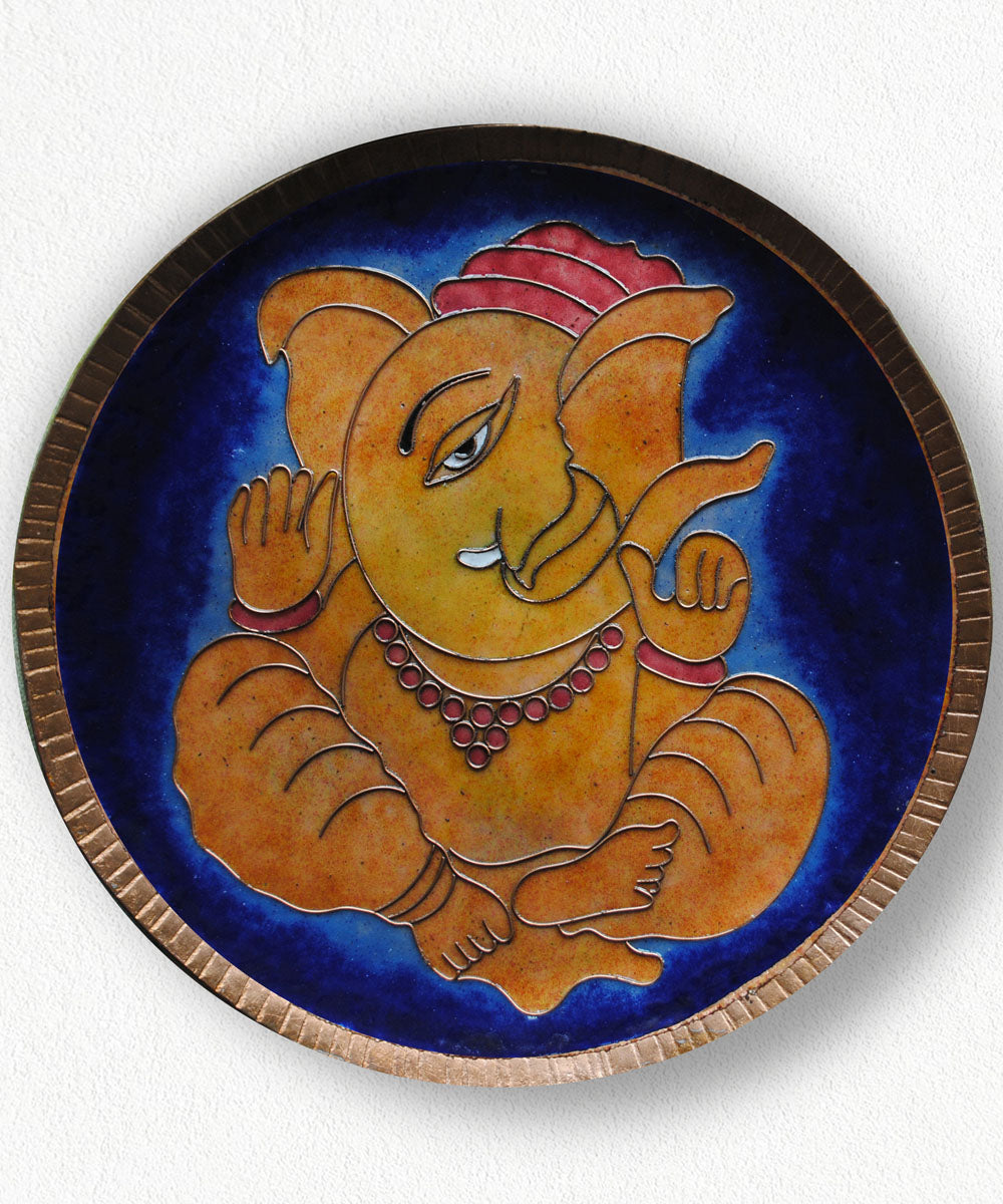 Yellow blue handcrafted copper wall plate