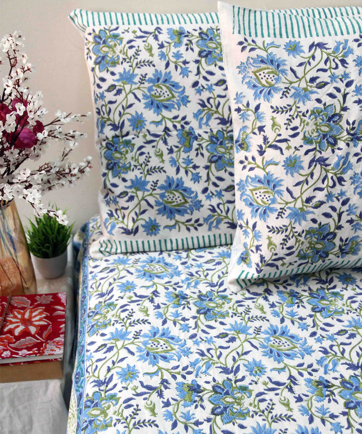Sky blue white cotton hand block printed king size bedsheet