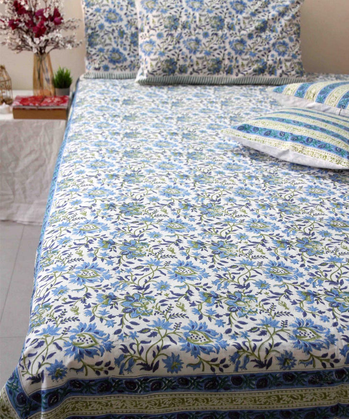 Sky blue white cotton hand block printed king size bedsheet