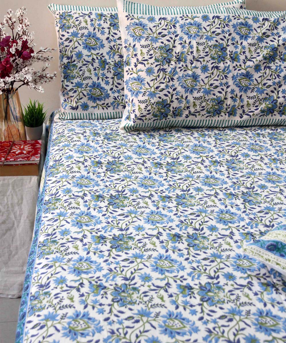 Sky blue white cotton hand block printed king size bedsheet