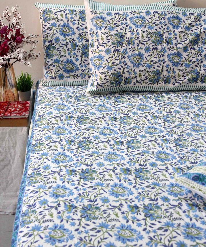 Sky blue white cotton hand block printed king size bedsheet