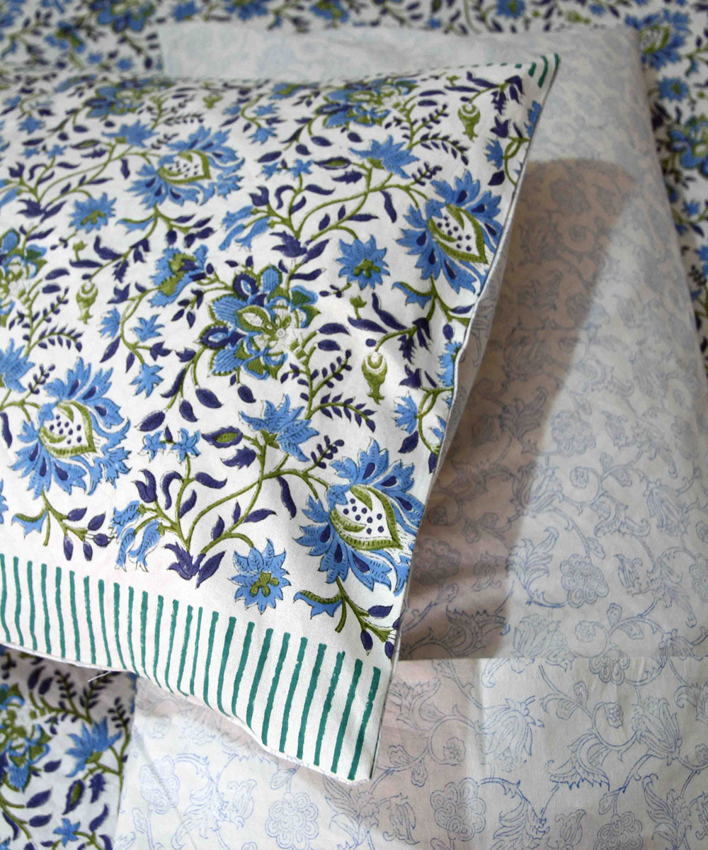 Sky blue white cotton hand block printed king size bedsheet