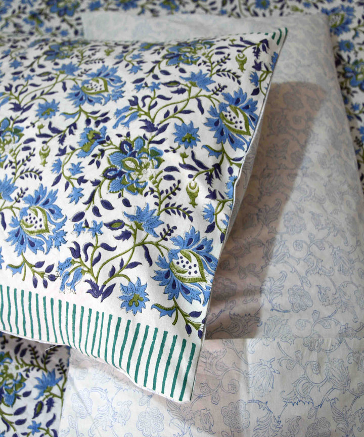 Sky blue white cotton hand block printed king size bedsheet