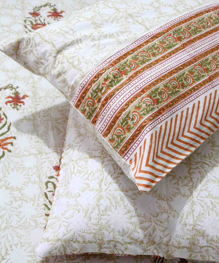 Peach white hand block printed cotton king size bedsheet