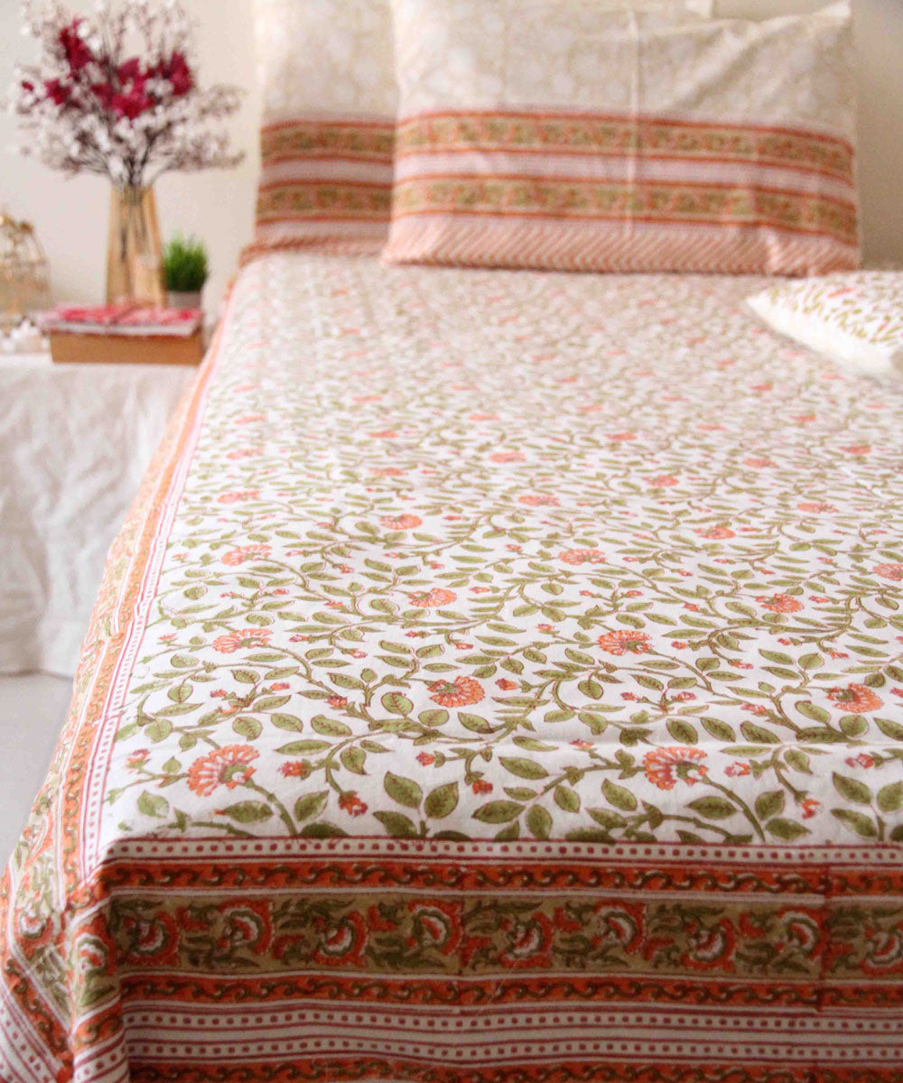 Pink white hand printed block print king size bedsheet