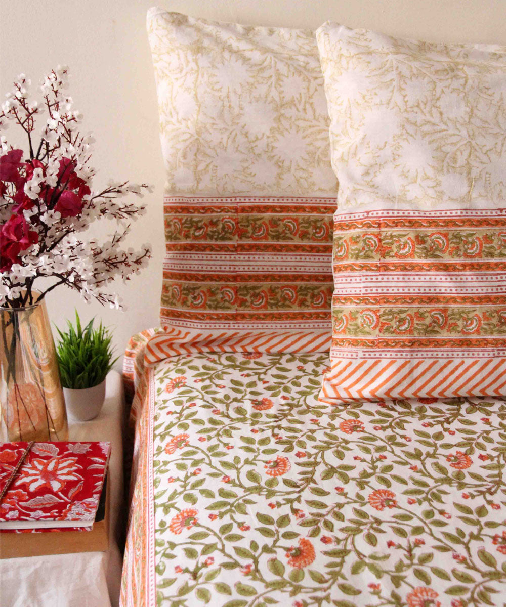 Pink white hand printed block print king size bedsheet