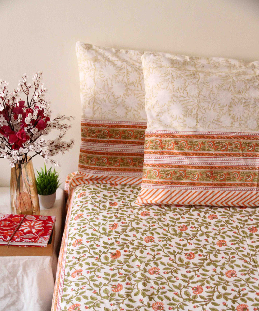 Pink white hand printed block print king size bedsheet