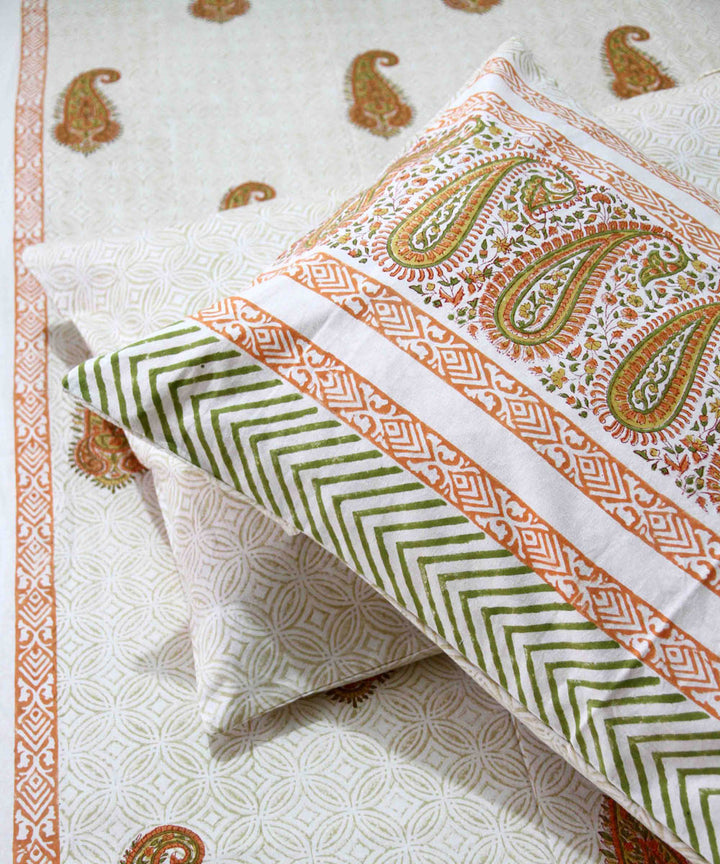 Orange white hand block printed cotton king size bedsheet